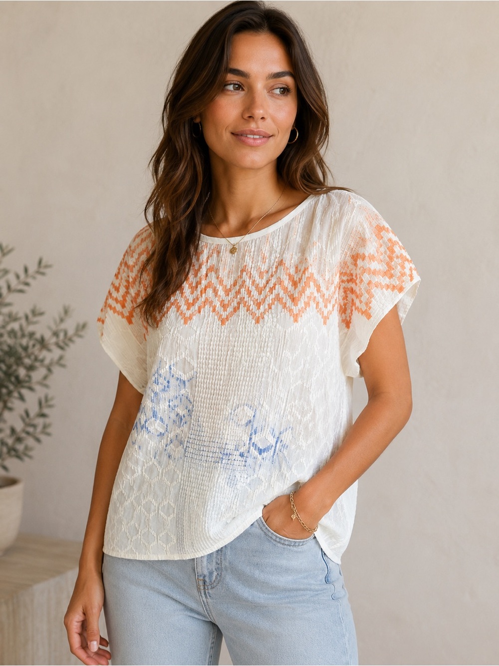 ZARA White Blouse with Orange and Blue Patterns